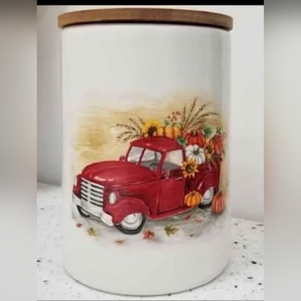 Vintage Red Truck Canister with Autumn Accents